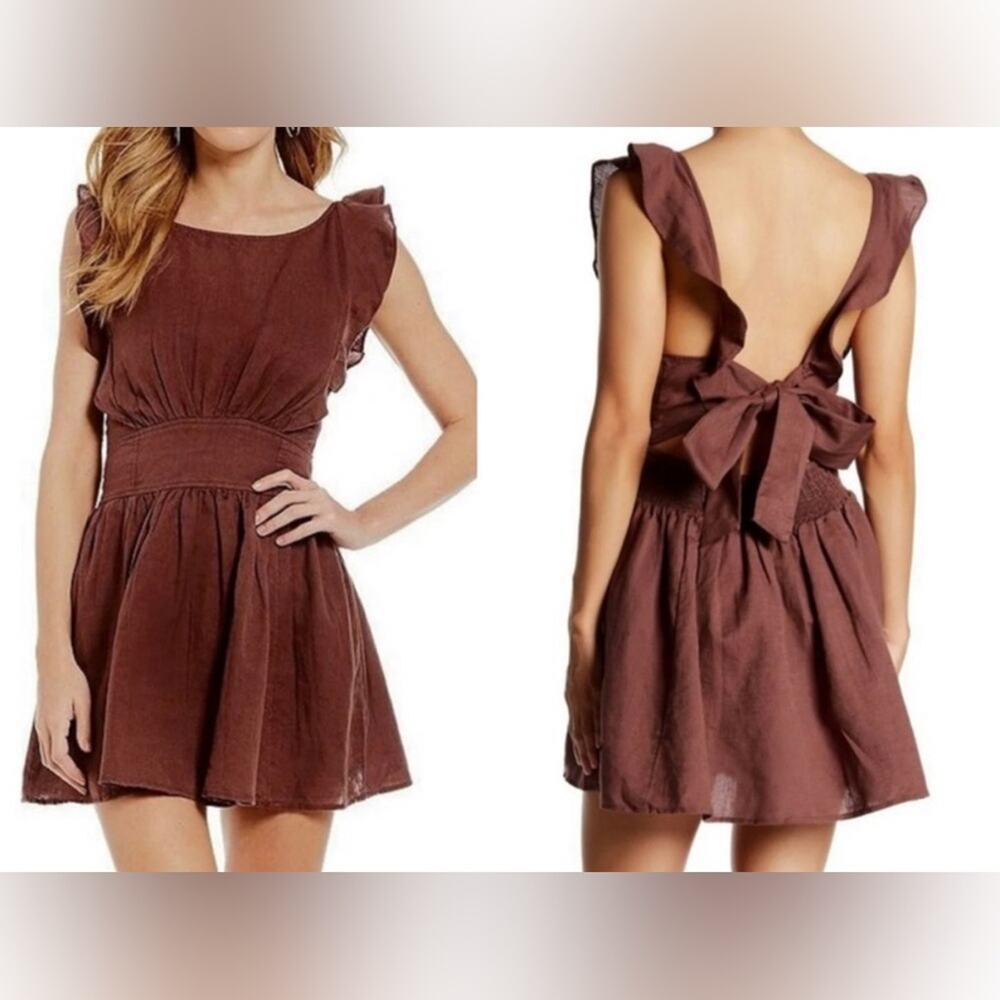 Free People Erin Tie Back Linen Mini Skater Dress Brown Women’s Size Small - Picture 1 of 8